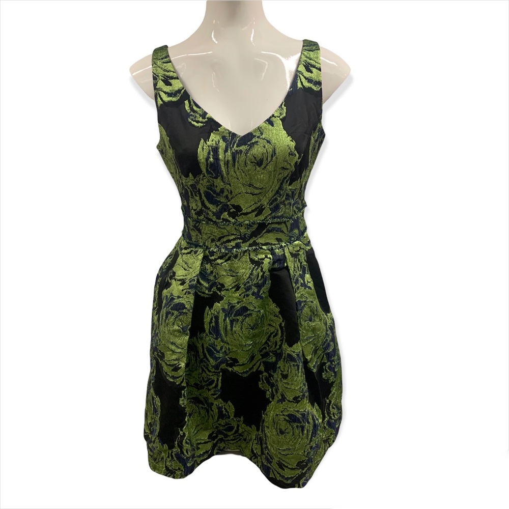 Green, black & navy blue brocade metallic cocktail formal dress Theia size 12